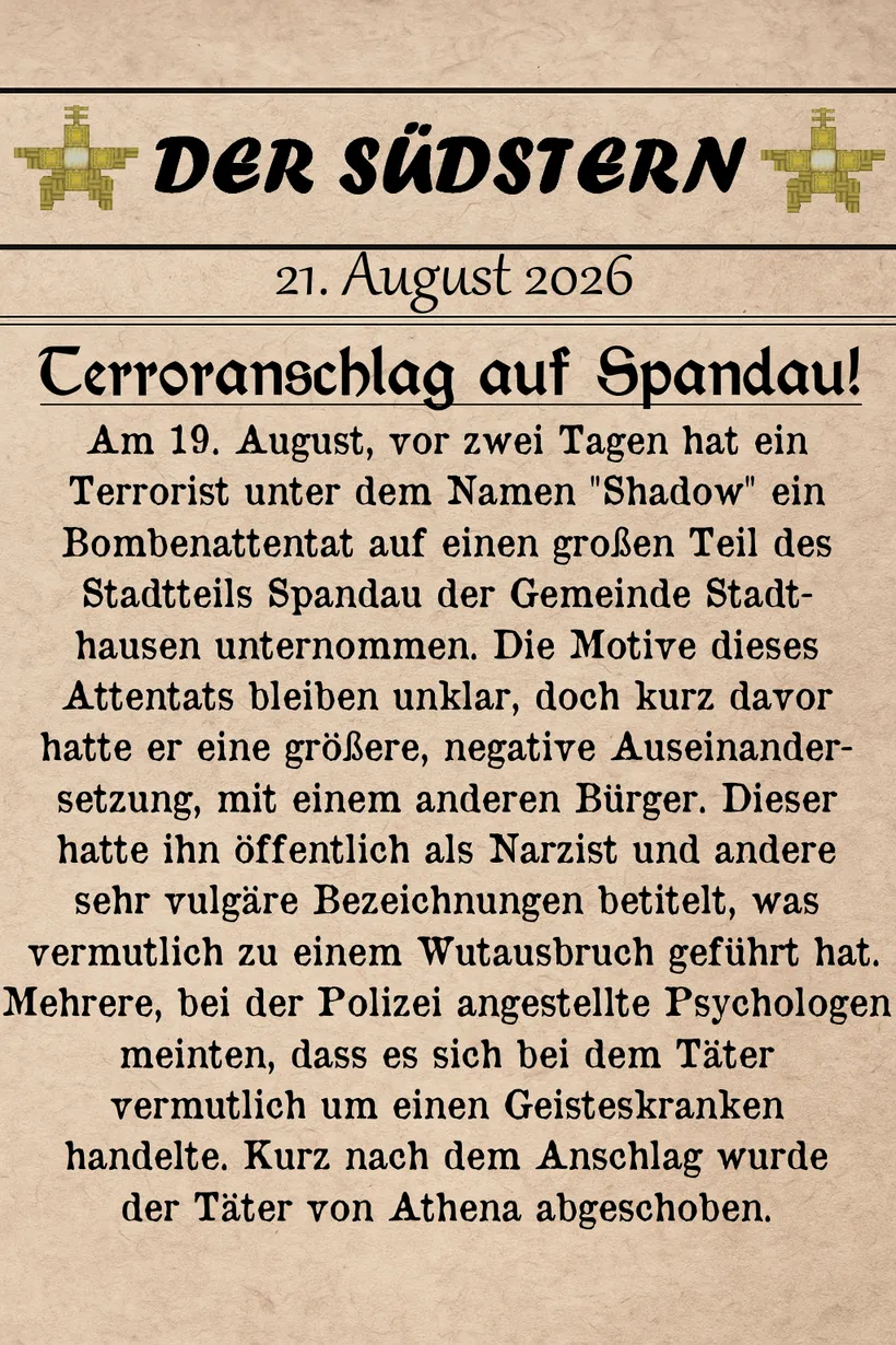 Ausgabe „Der Südstern“ vom 21. August 2026: Terroranschlag auf Spandau